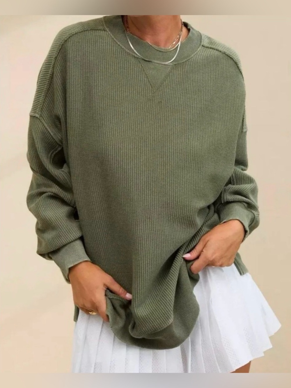 Aerie Oversized Olive Green Waffle-Knit Sweatshirt- Classic Crewneck Size Small